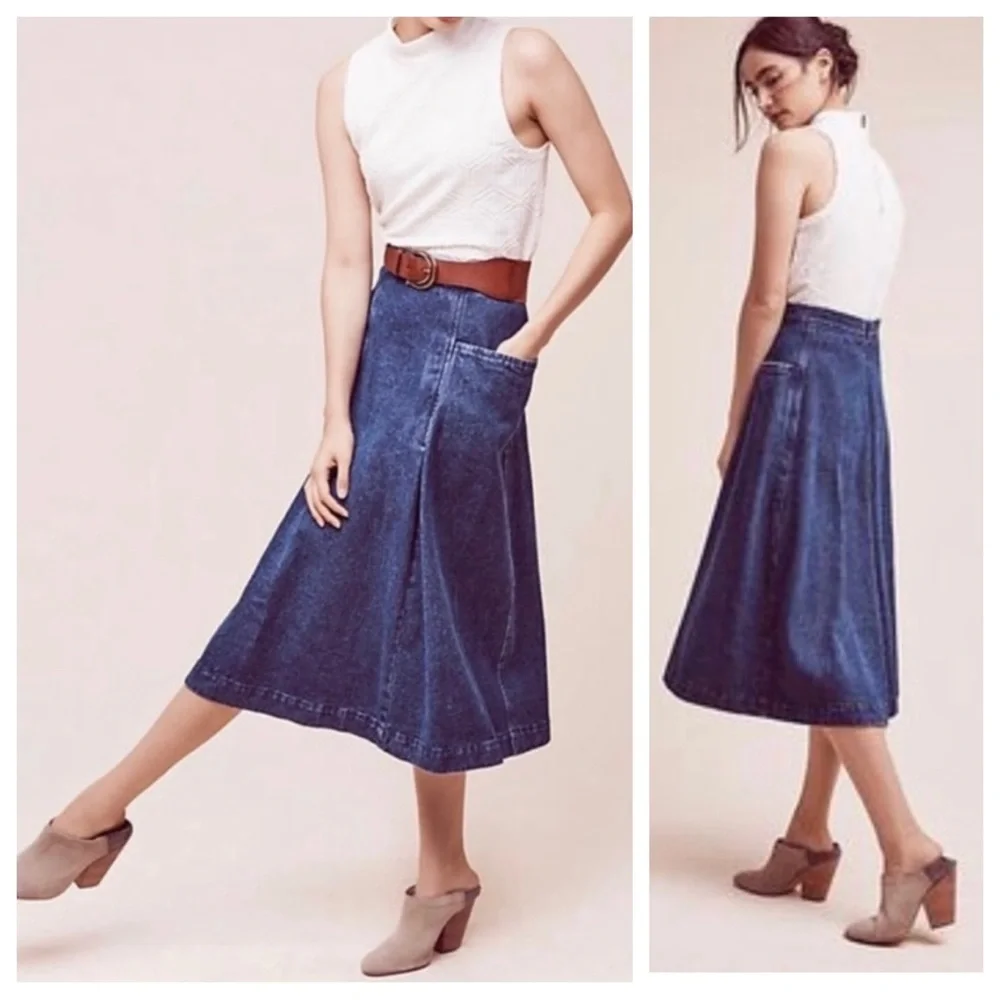 Carleen Retro Denim Orleans Side Pocket Midi Skirt | LARGE